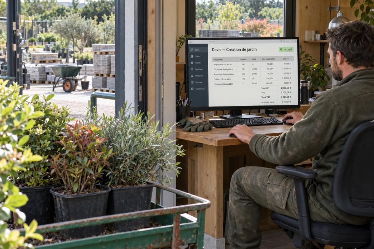 Paysagiste au bureau, près de végétaux en pots, avec un devis de jardin ouvert dans son logiciel devis facture