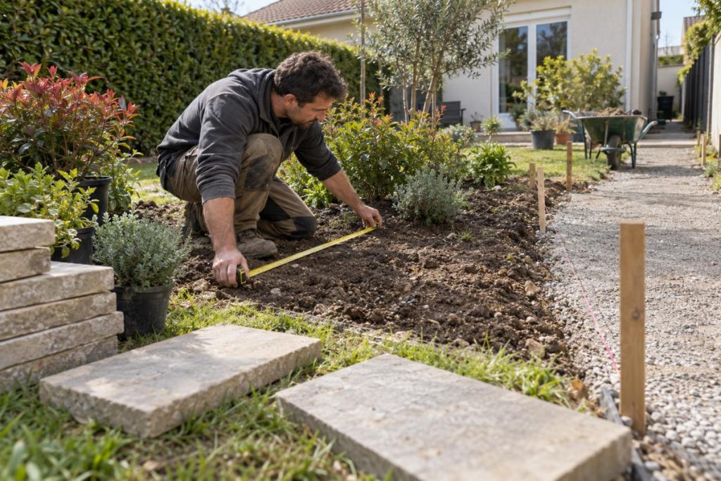 Mesure d’un massif au mètre ruban pour préparer un devis paysagiste, près de pavés et d’arbustes en pots