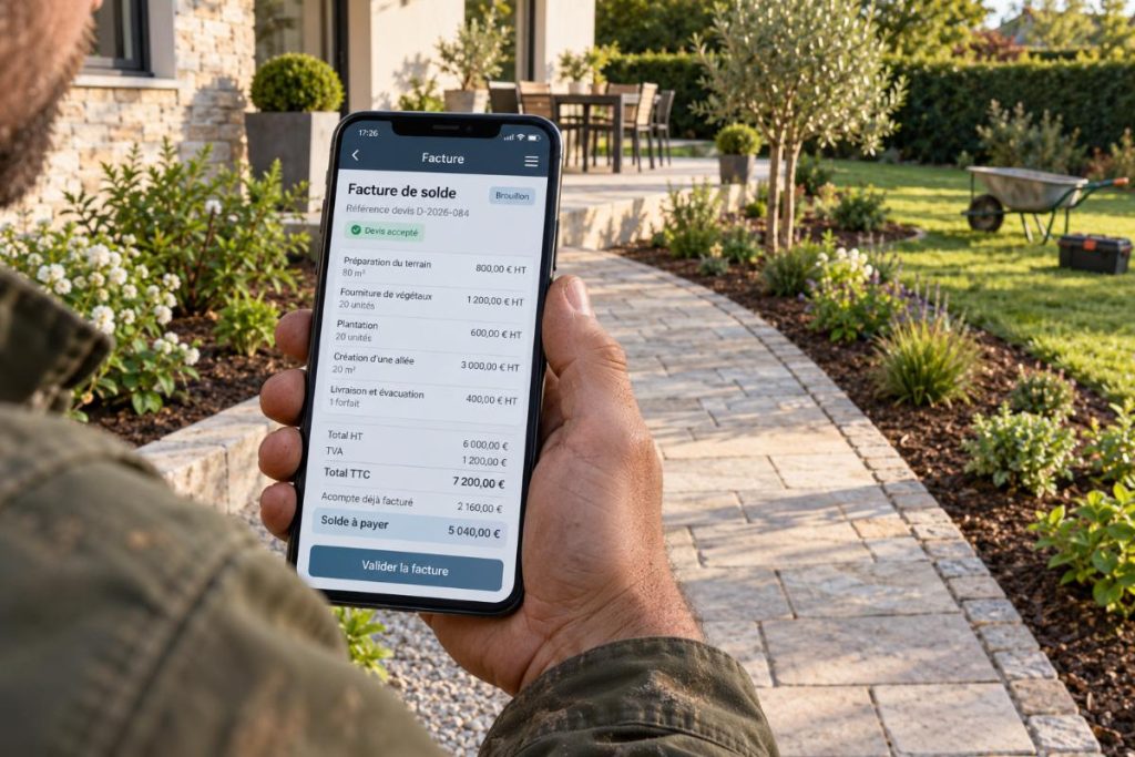 Facture de solde avec déduction d’un acompte sur le smartphone d’un paysagiste, devant une allée et un jardin aménagé